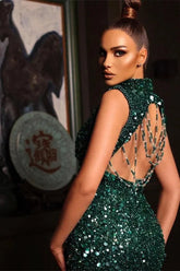 Stunning Dark Green High Neck Sleeveless Mermaid Evening Party Gowns Sequins Long